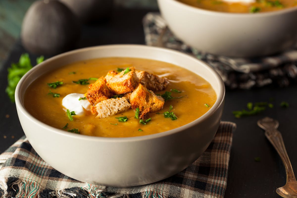 a bowl of soup on a table