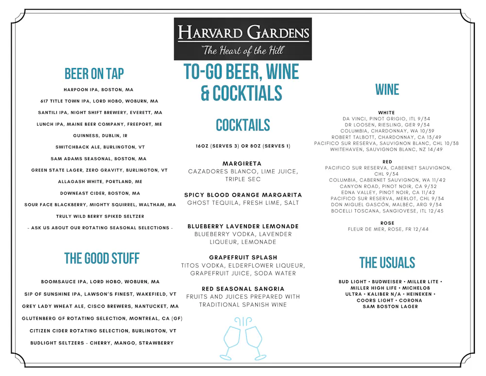 Menus | Harvard Gardens in Boston, MA