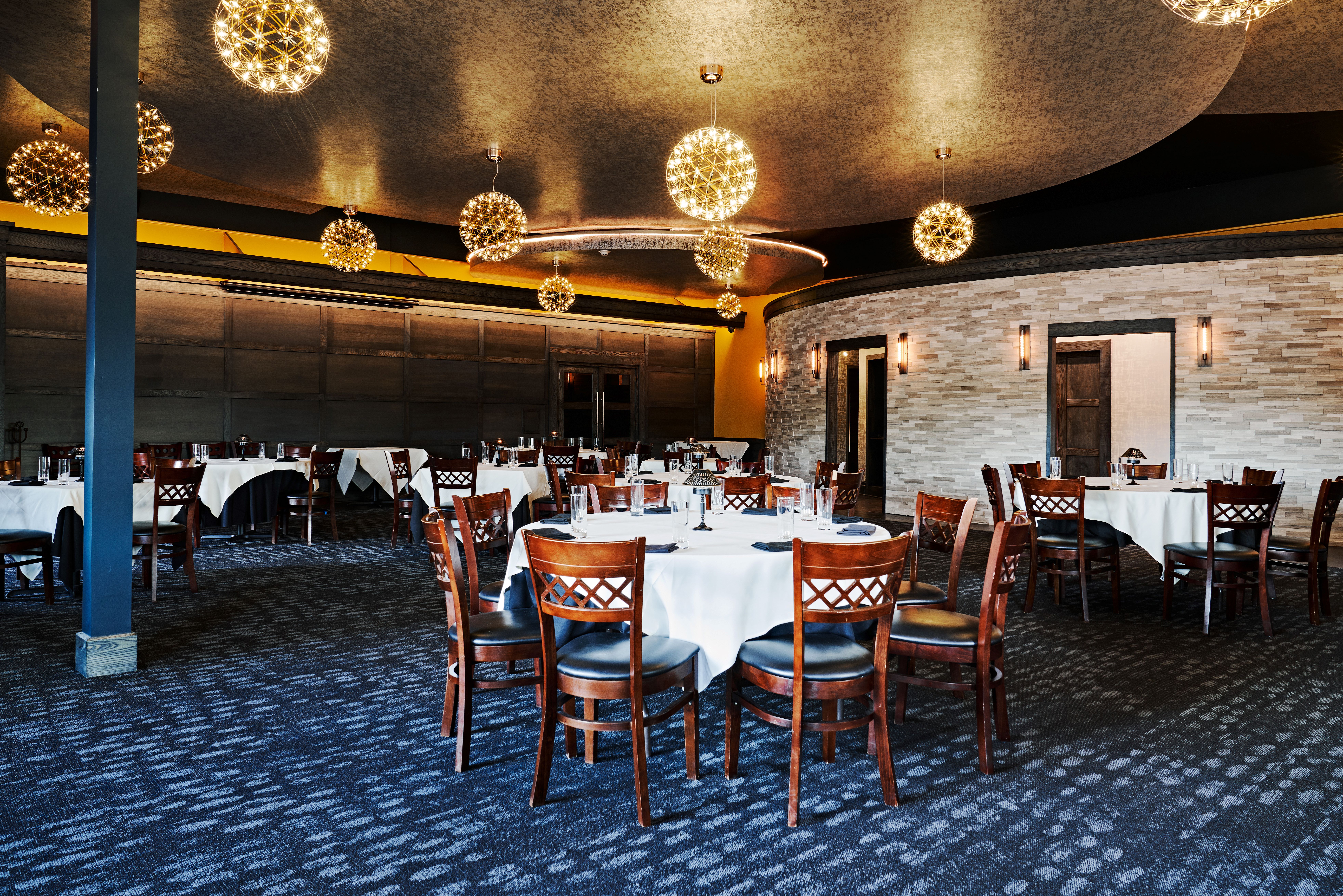 a restaurant with blue interiors