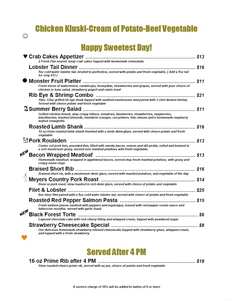 Daily Specials Meyer's Restaurant and Bar