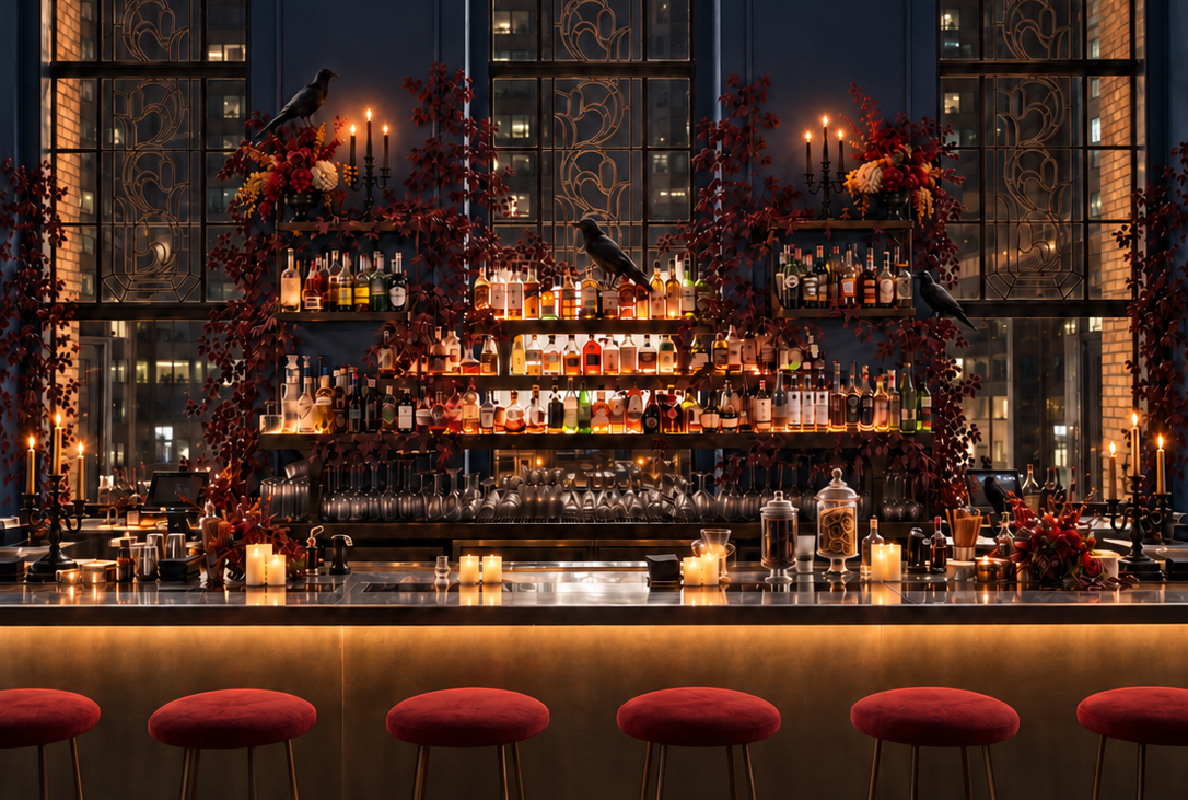 Ophelia's autumn rooftop installation with candlelight, fall foliage, cocktails, and New York City views