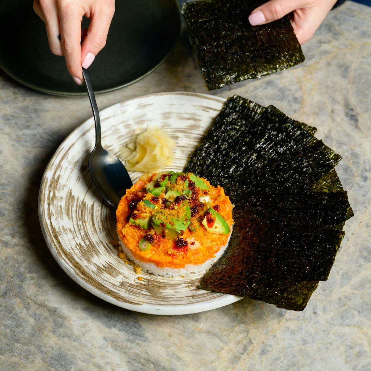 a plate of food with a knife