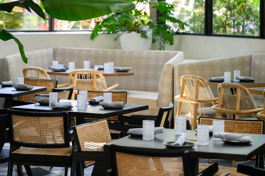 a close up of tables and chairs