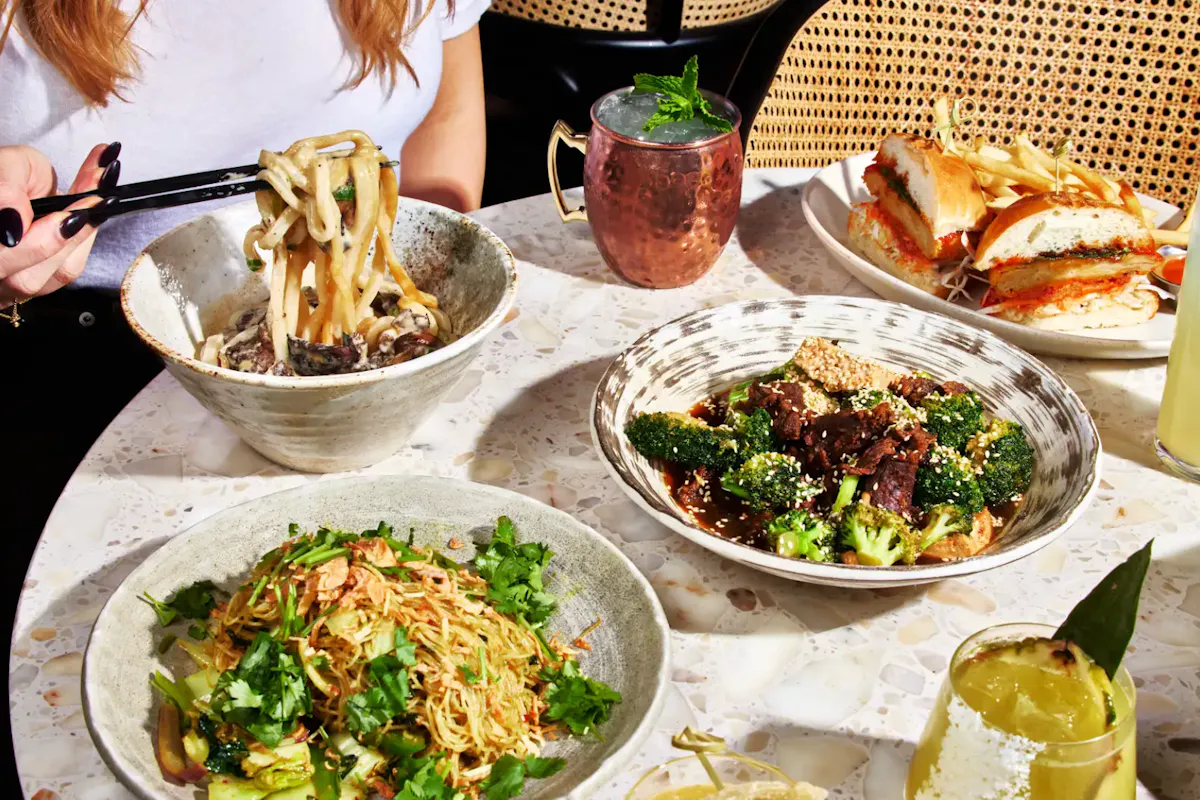 a table with plates of food