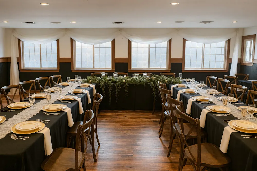 a room with long tables and chairs