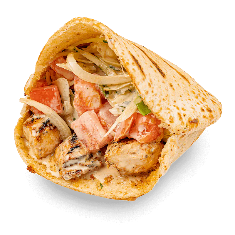 Mamoun's chicken kebob sandwich in a pita with lettuce, tomatoes and onions