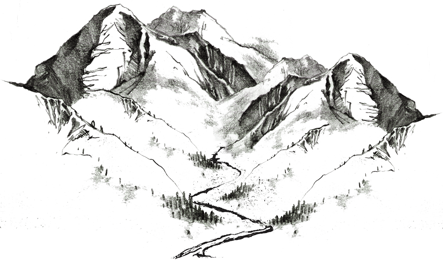a black and white drawing of a mountain