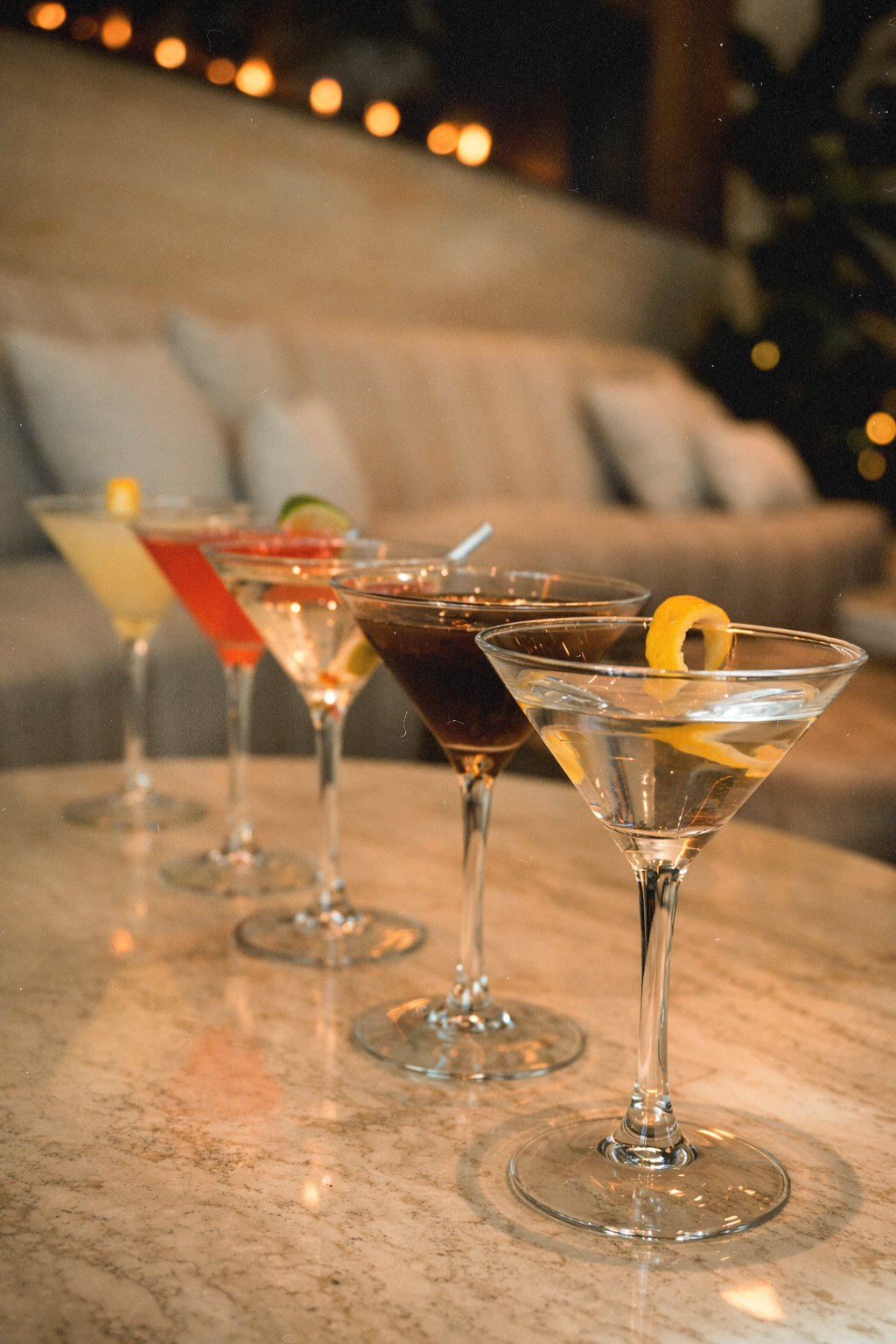 Selection of espresso martinis, cosmopolitans, and signature cocktails at Bel-Aire Lounge, a modern lounge with DJ entertainment and handcrafted drinks in Las Vegas.