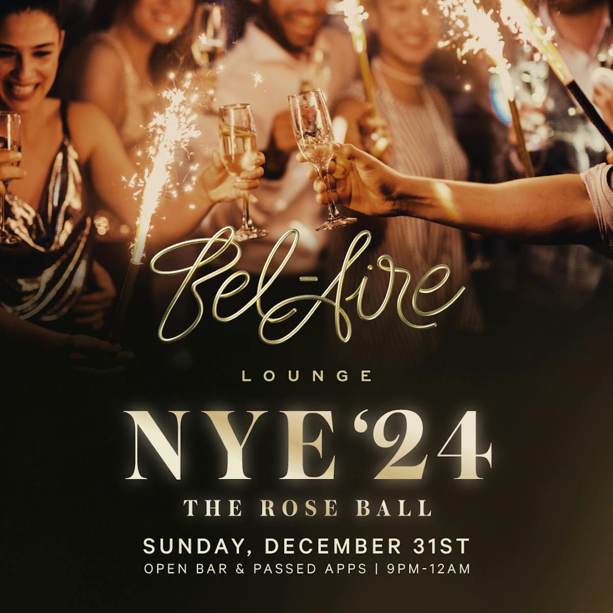 flyer for Bel-Aire Lounges' NYE event called The Rose Ball