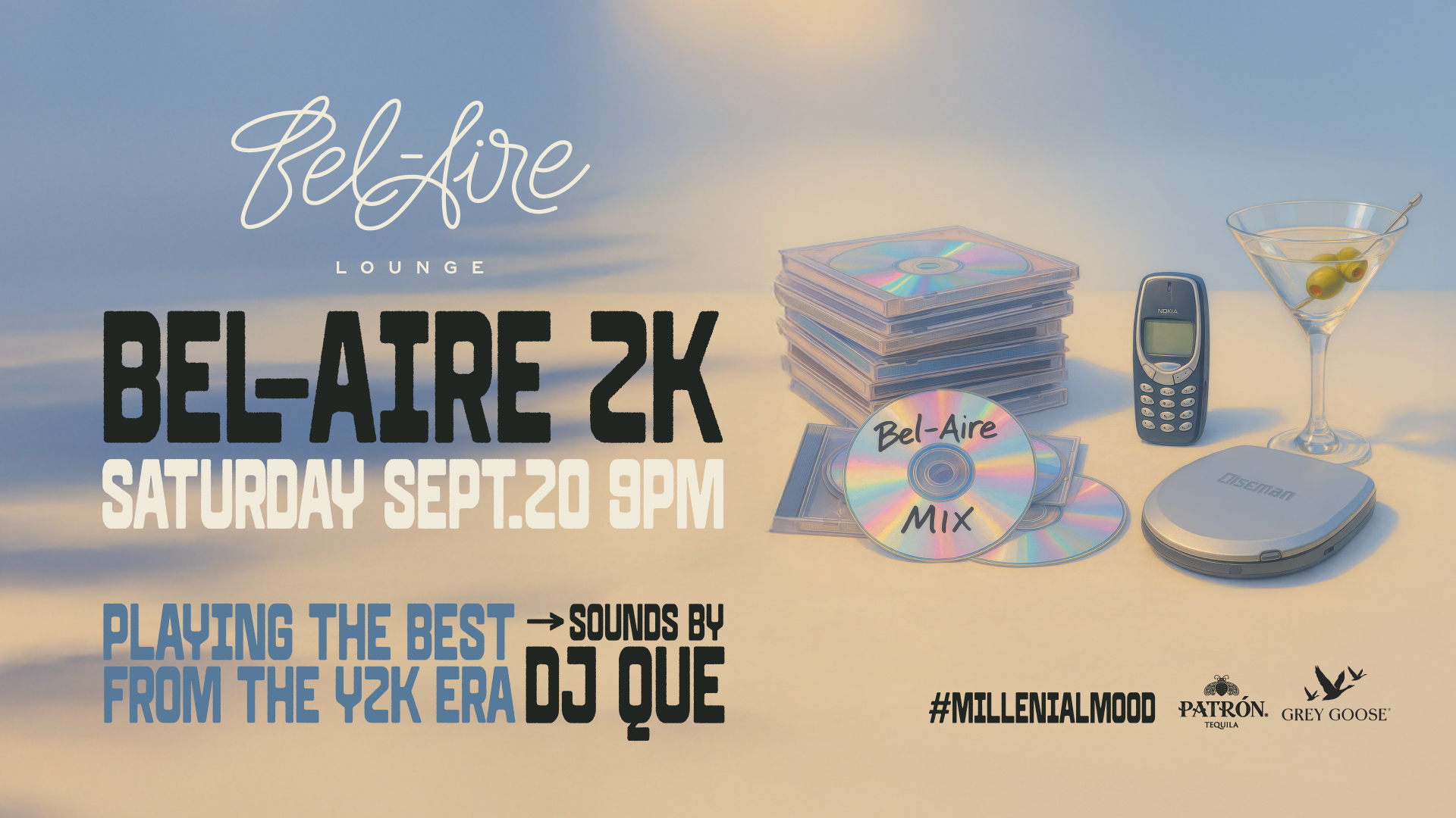Bel-Aire 2K event flyer for Bel-Aire Lounge on Saturday, September 20 at 9 PM with DJ Que playing Y2K hits, featuring CDs, Nokia phone, Discman, and martini glass.