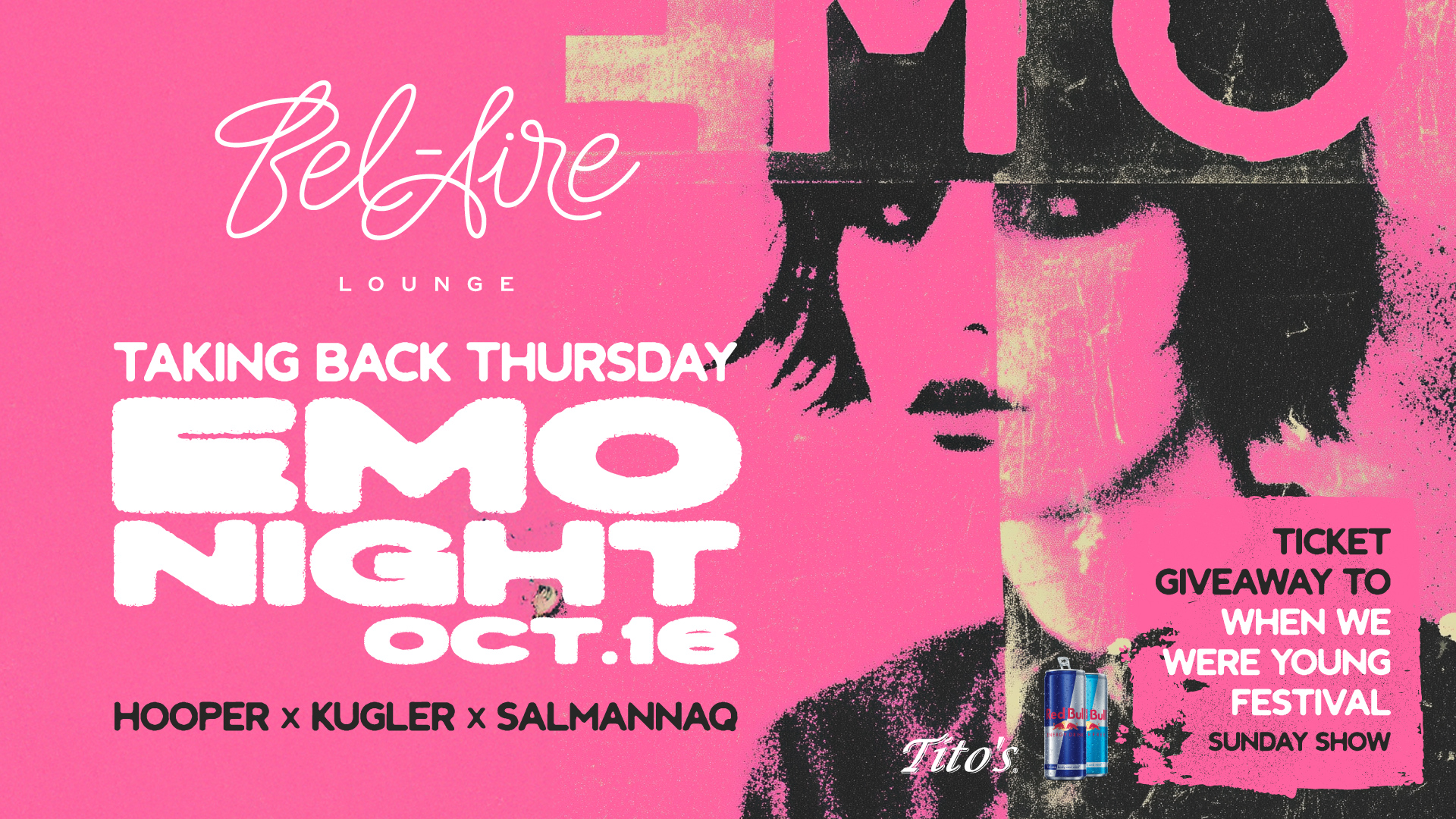 Pink and black flyer for Taking Back Thursday: Emo Night at Bel-Aire Lounge on October 16 with DJs Hooper, Kugler, and Salmannaq. Includes ticket giveaway to When We Were Young Festival Sunday Show.