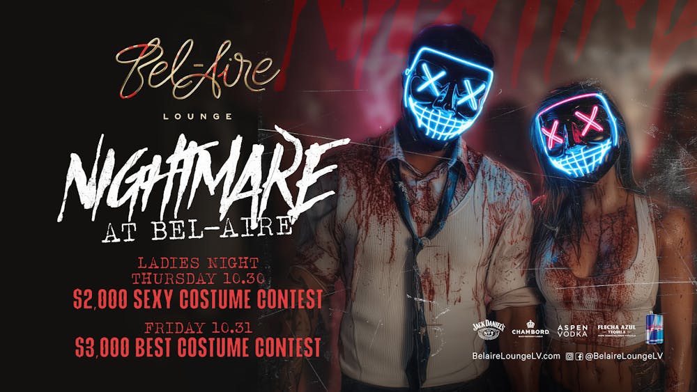Promotional flyer for “Nightmare at Bel-Aire” Halloween weekend at Bel-Aire Lounge. Features two people in neon purge-style masks splattered in blood. Text highlights a $2,000 Sexy Costume Contest on Thursday, October 30th for Ladies Night and a $3,000 Best Costume Contest on Friday, October 31st.
