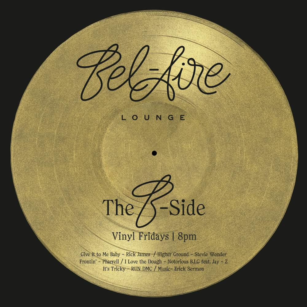 The logo for The B-Side at Bel-Aire Lounge, a vinyl experience in Las Vegas