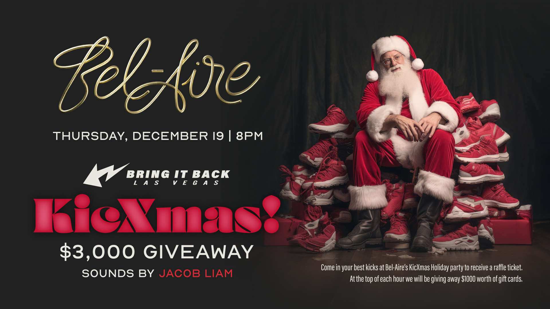the graphic for Kicxmas a $3,000 giveaway with Bring it Back Las Vegas a local shoe store 