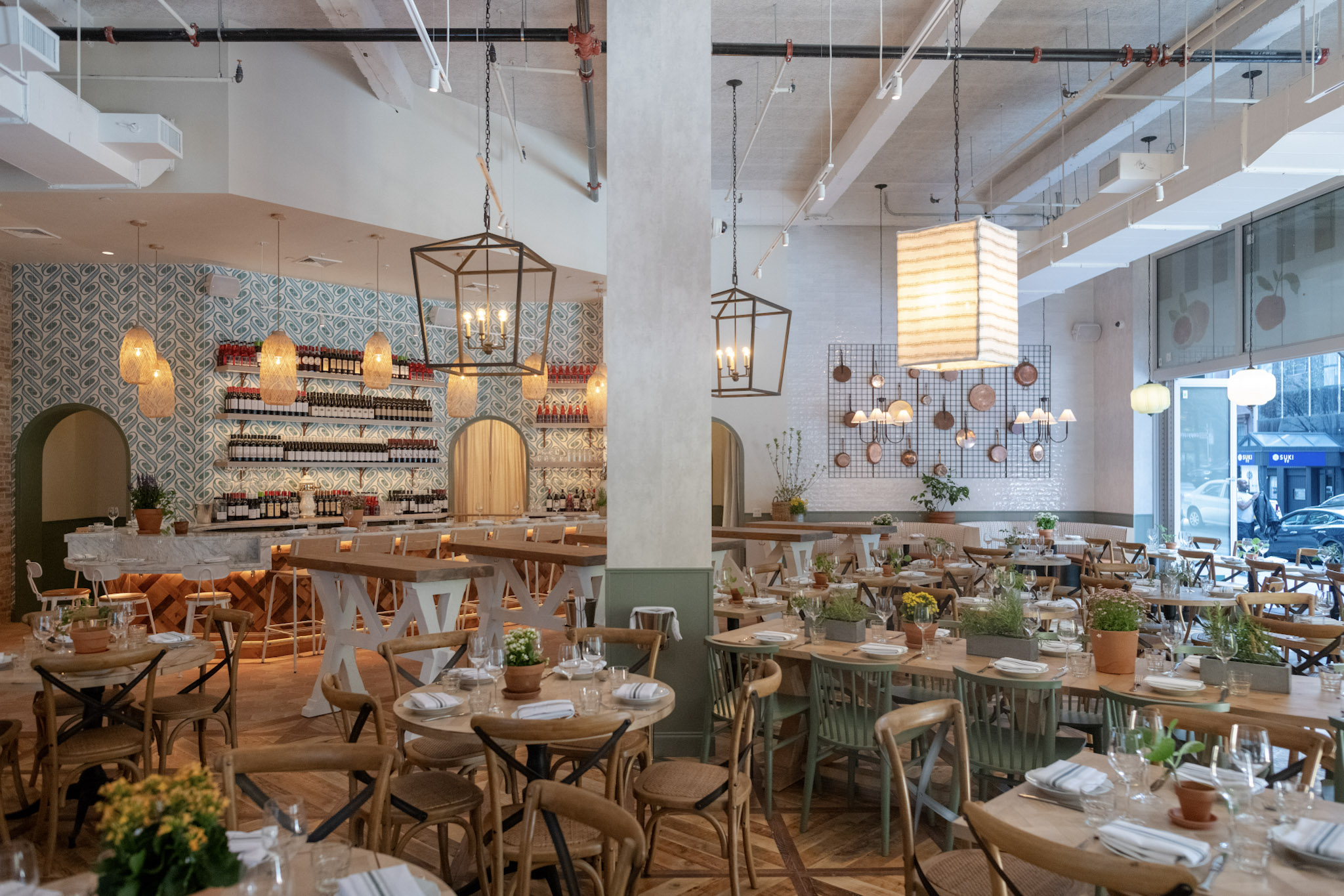 a dining room table in front of a building
