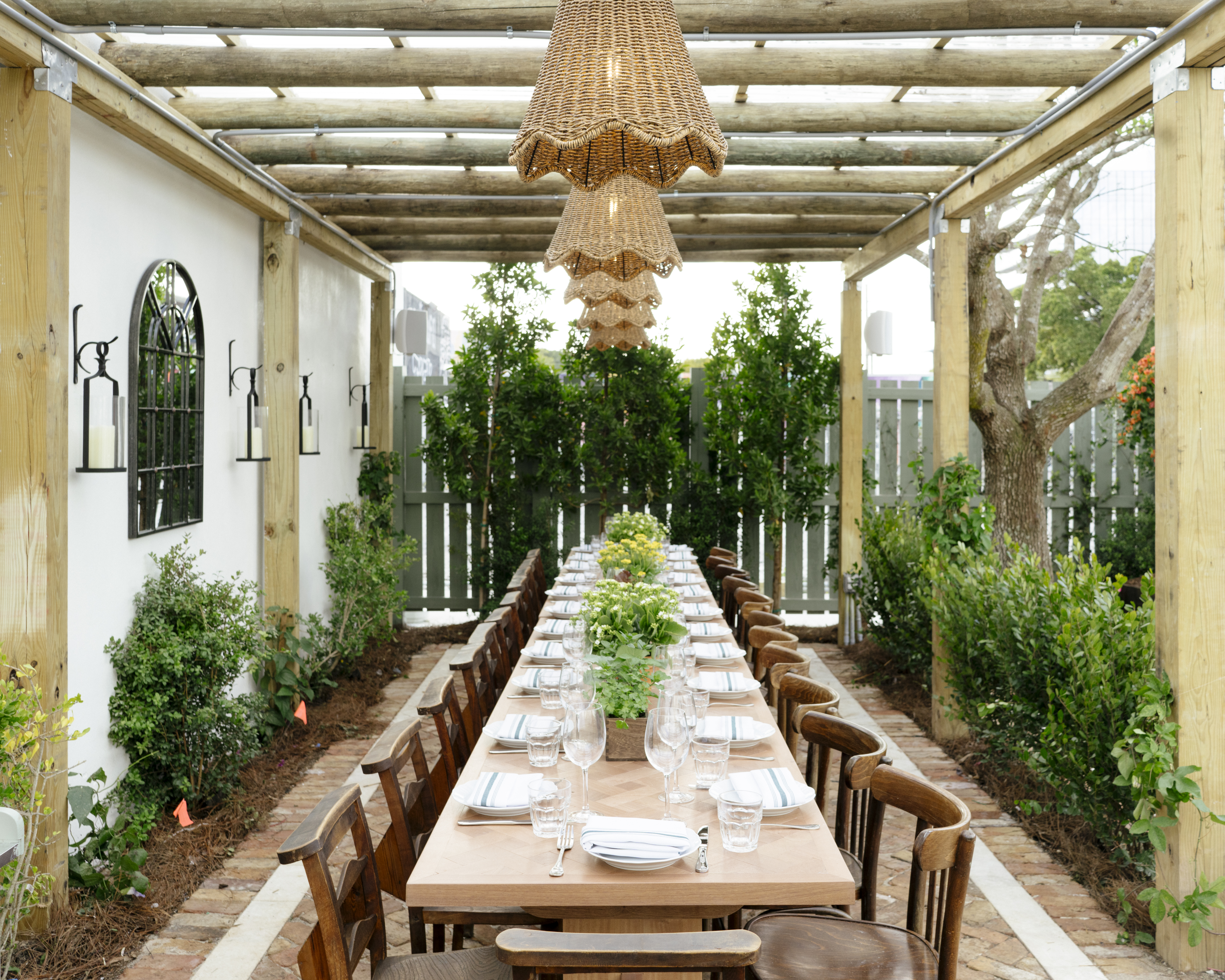 a wooden bench in a garden