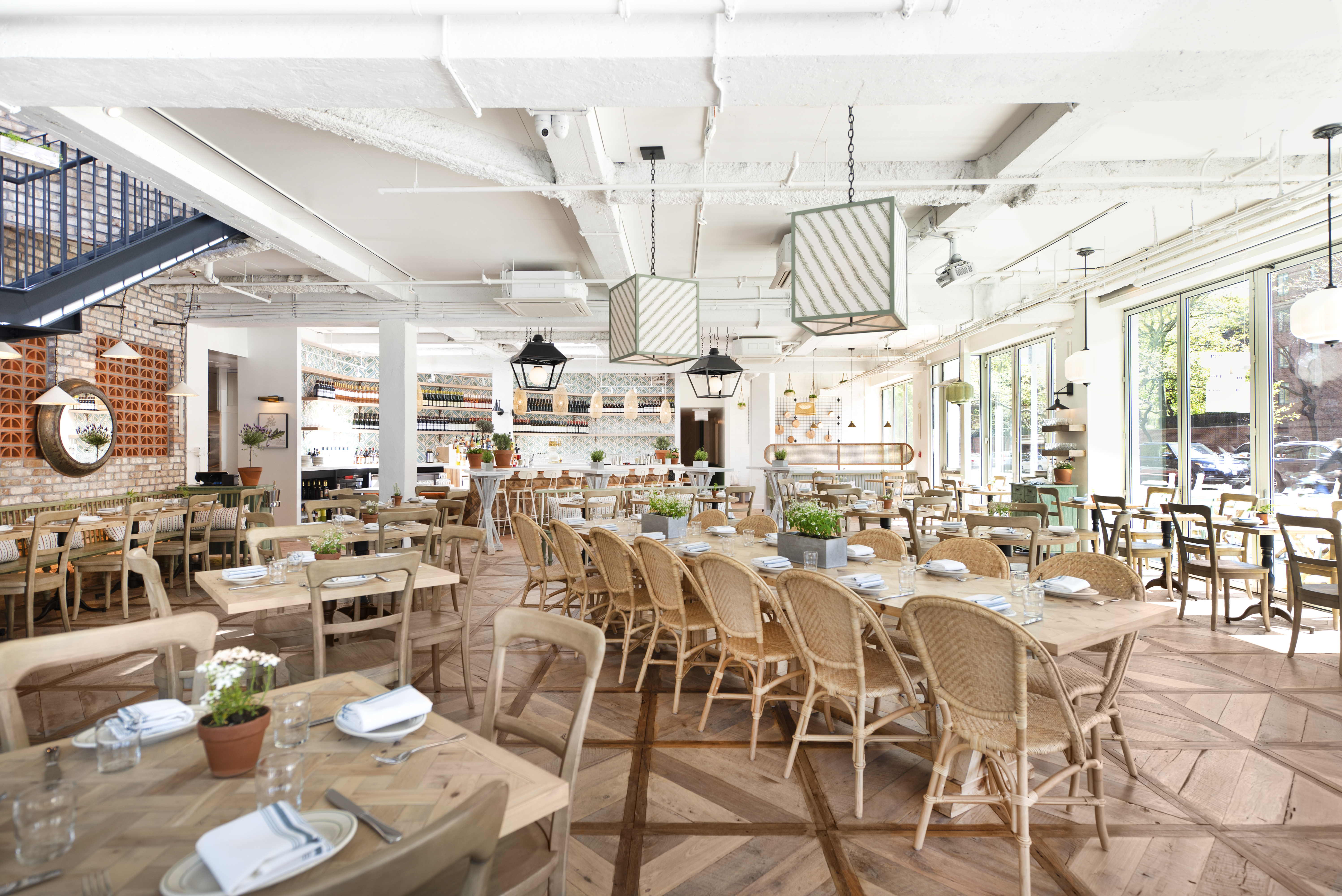 a dining room table in front of a building