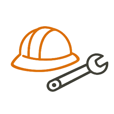 a orange and black helmet and wrench