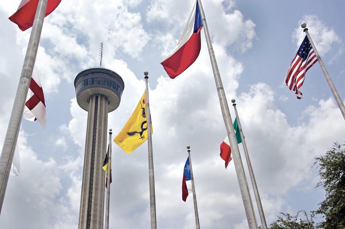 a tower and flags