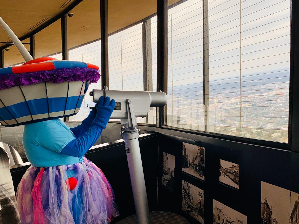 the tower mascot looking at the sky