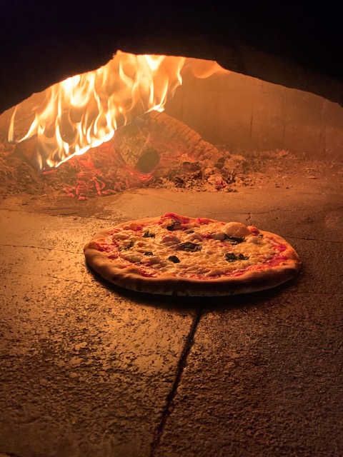 a pizza sitting on top of a mountain