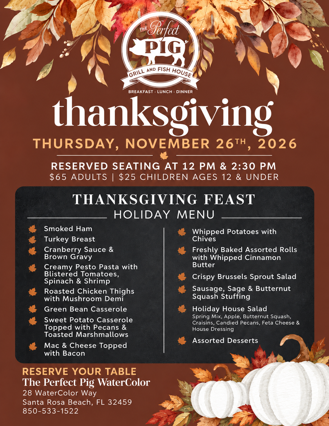 a thanksgiving menu with pumpkins and leaves