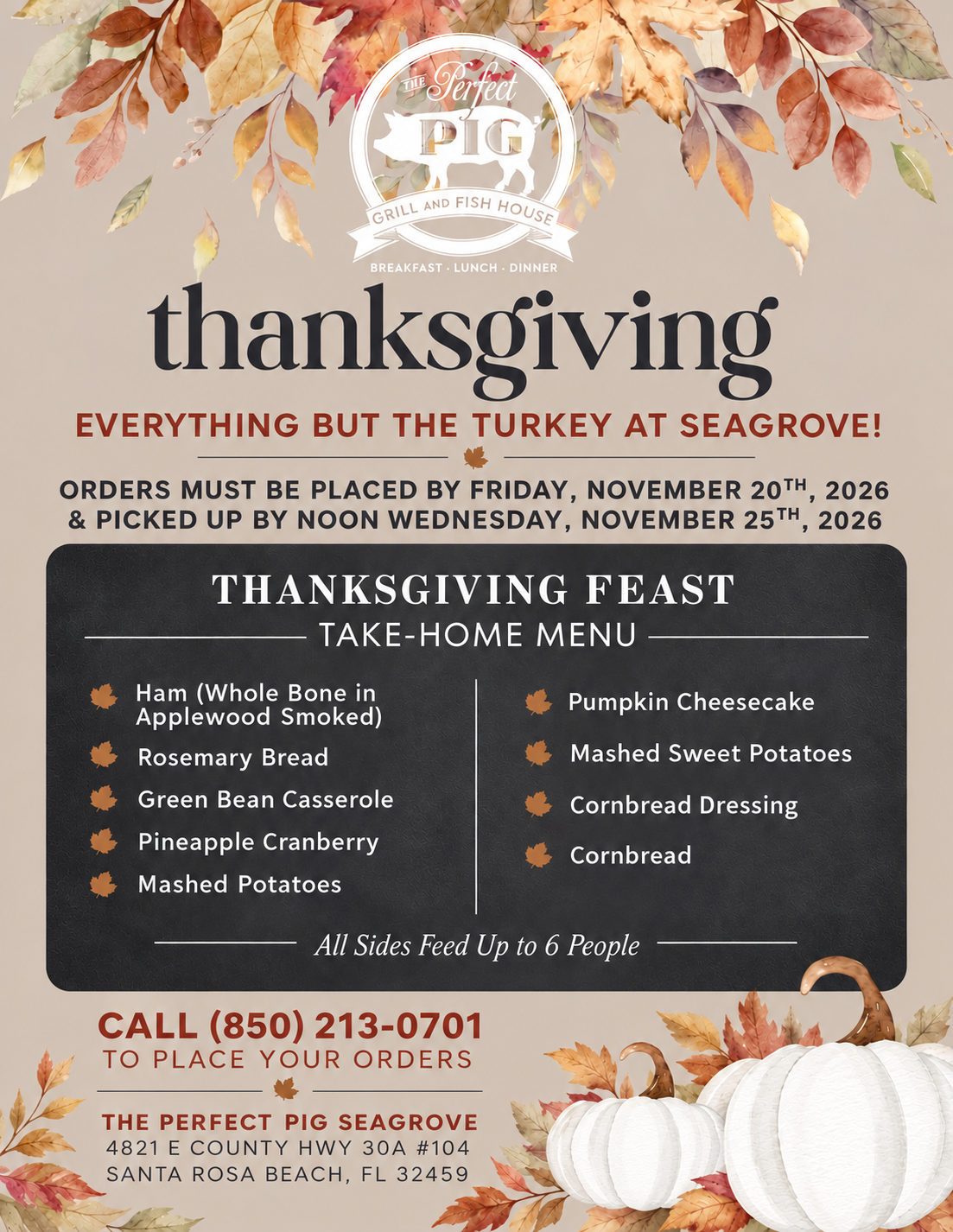a thanksgiving menu with pumpkins and leaves
