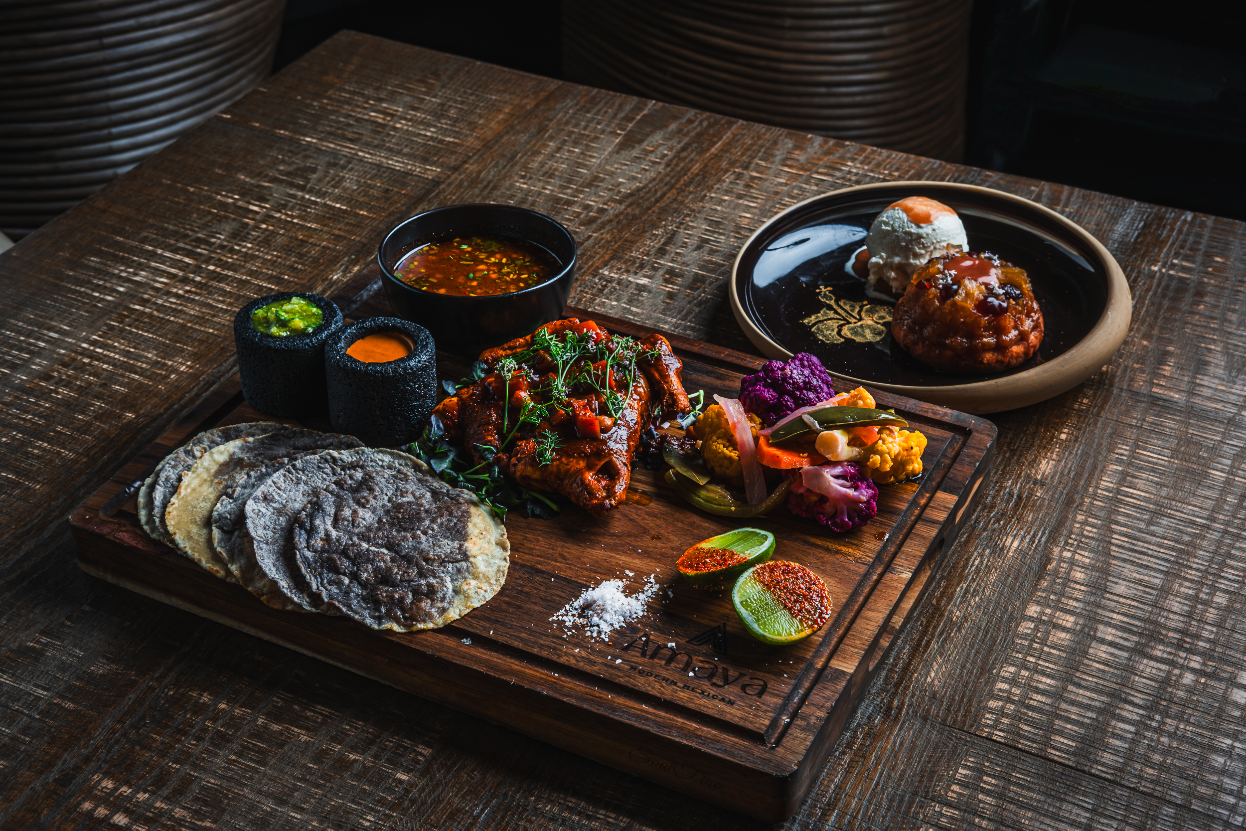 amaya Modern Mexican Mother's Day sepcials featuring upside down pineapple cake and chicken entree.