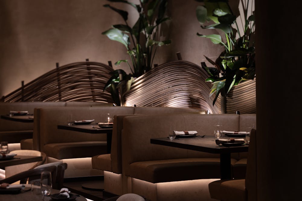 Amaya Modern Mexican interior with wooden tables and luxe greenery