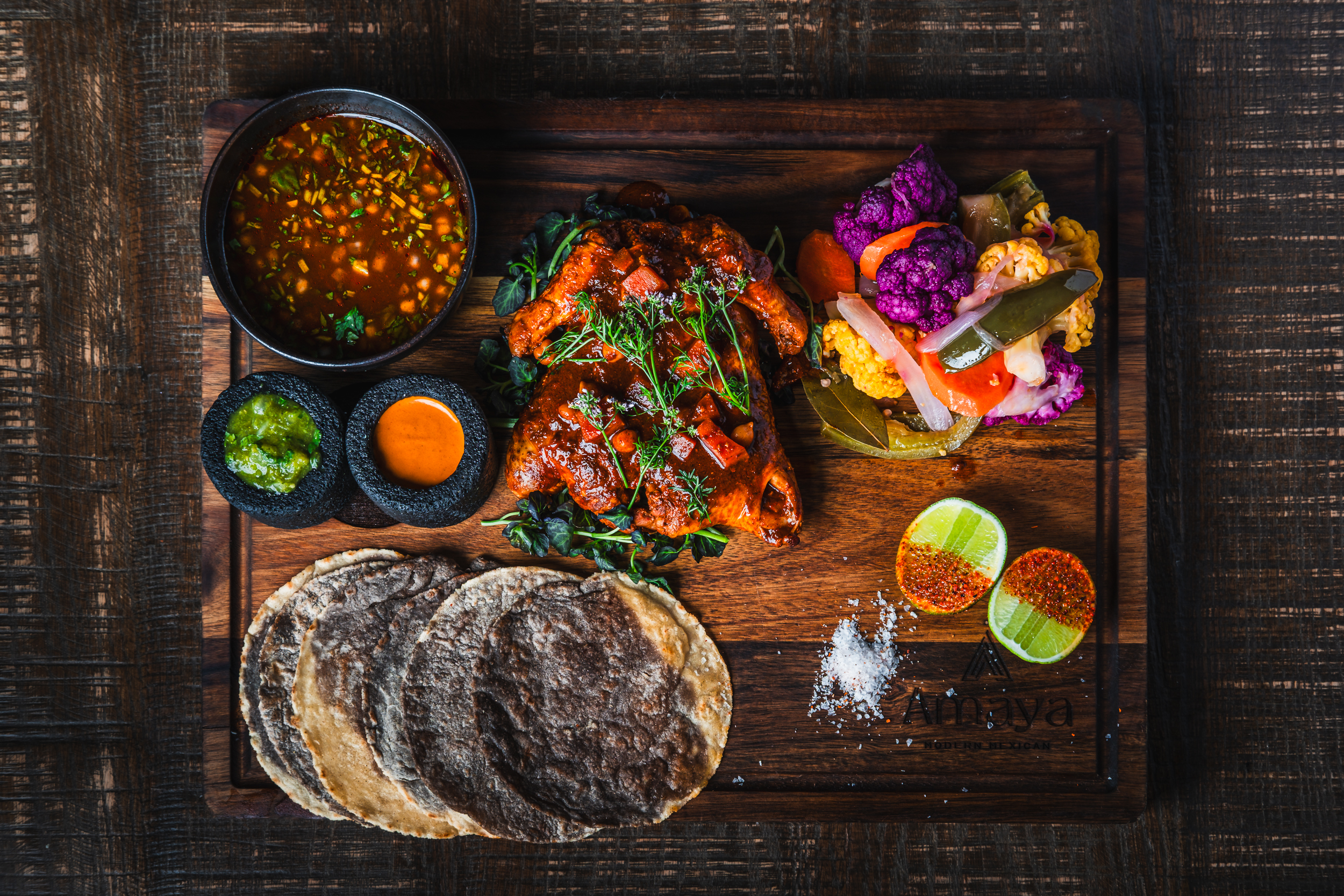 Amaya Modern Mexican restaurant in Las Vegas Mother's Day specials features corn tortillas, cornish hen, and consume
