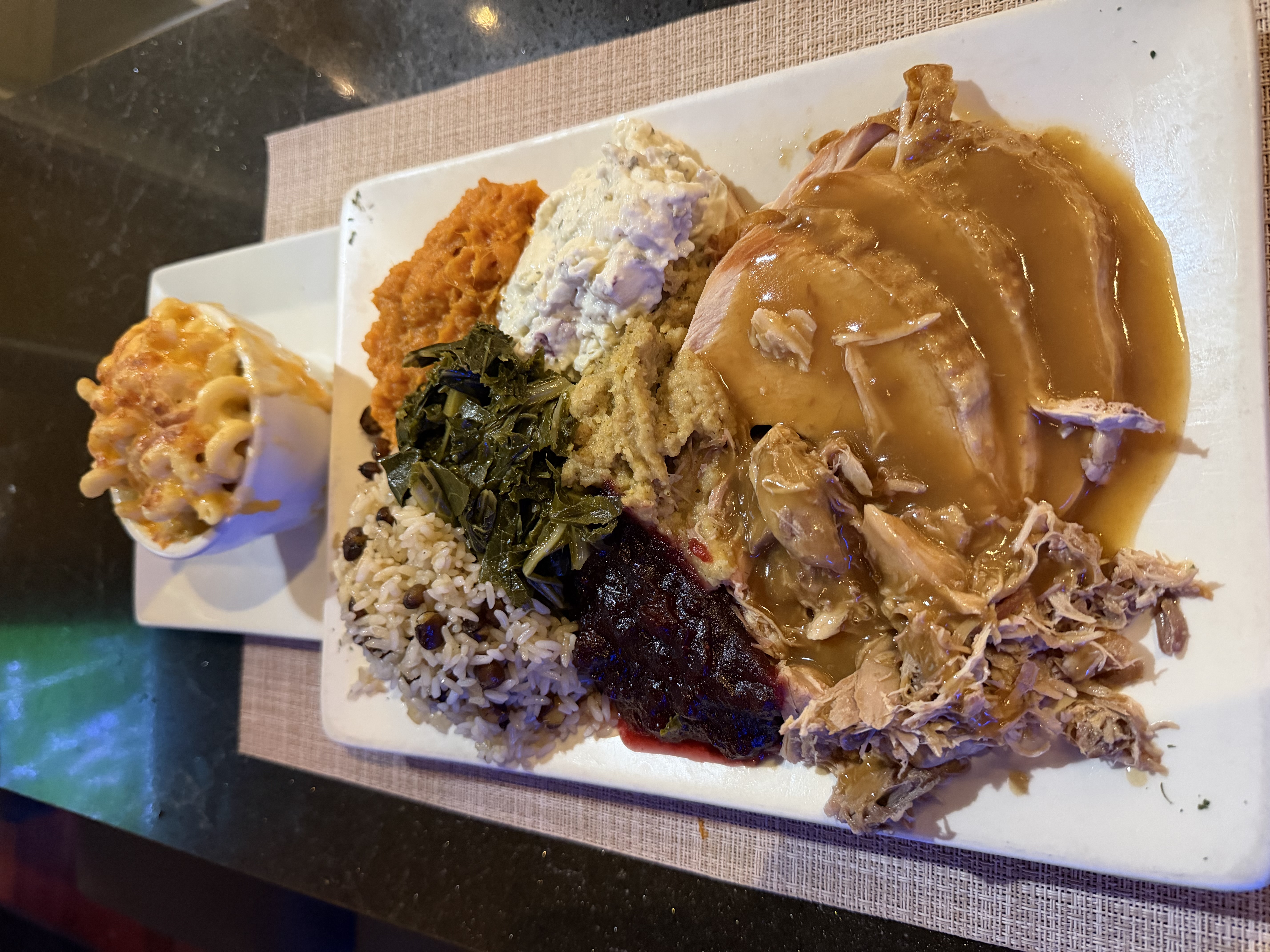 A plate of soul food on a table