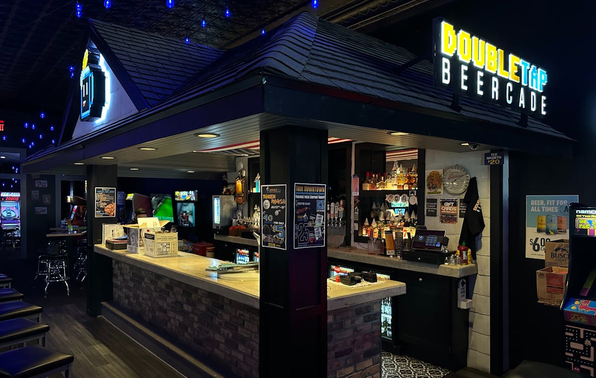 a store front at night