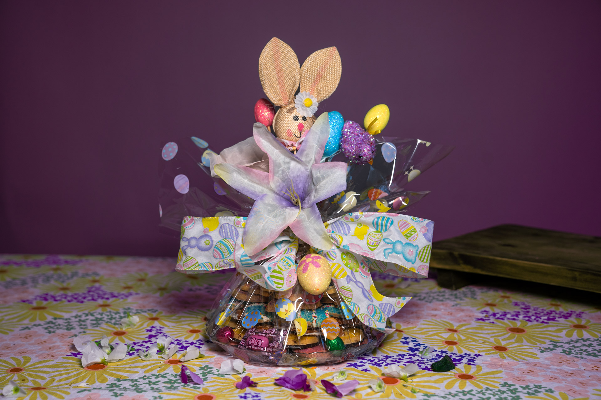 a candy wrapped in plastic with a bunny and eggs