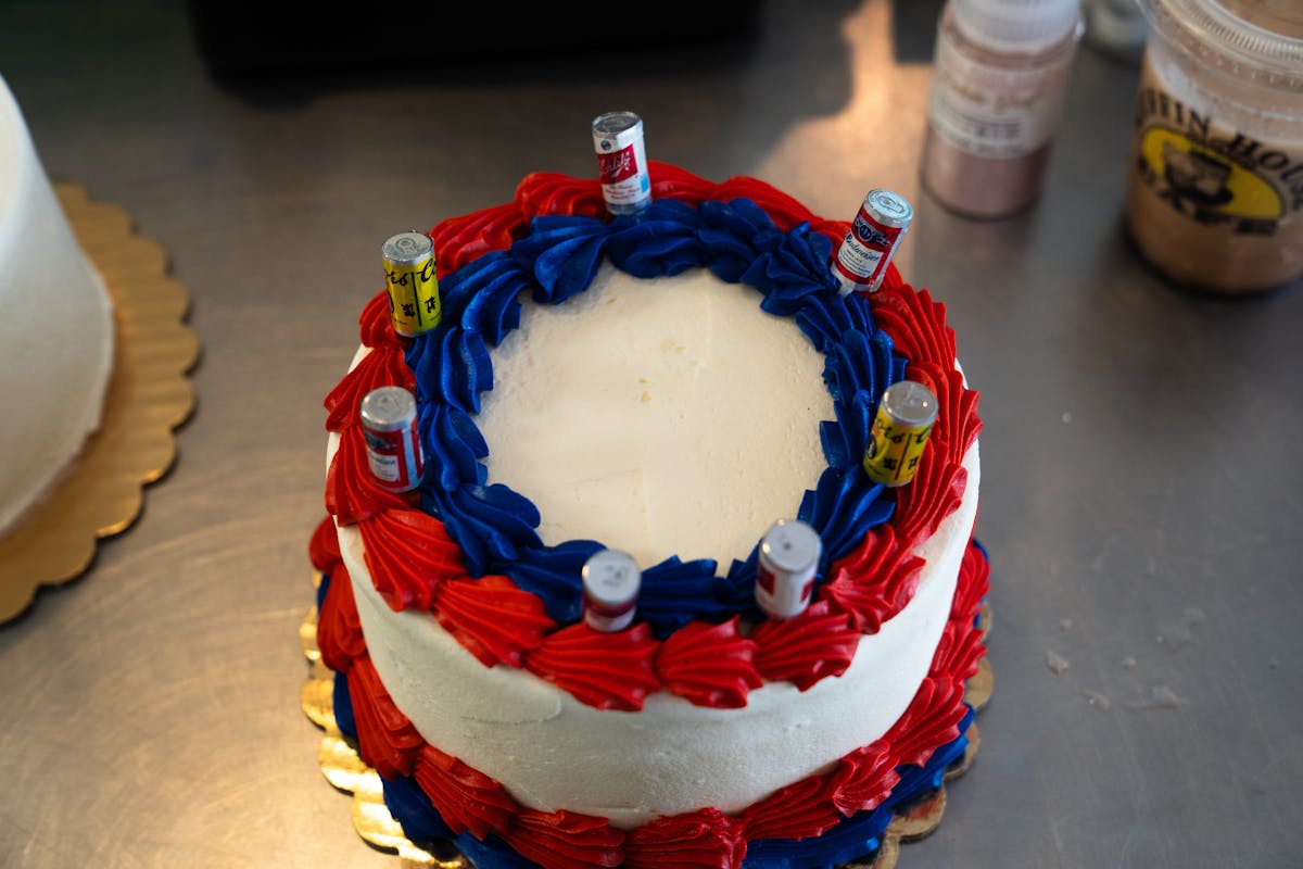 a train cake sitting on top of a table