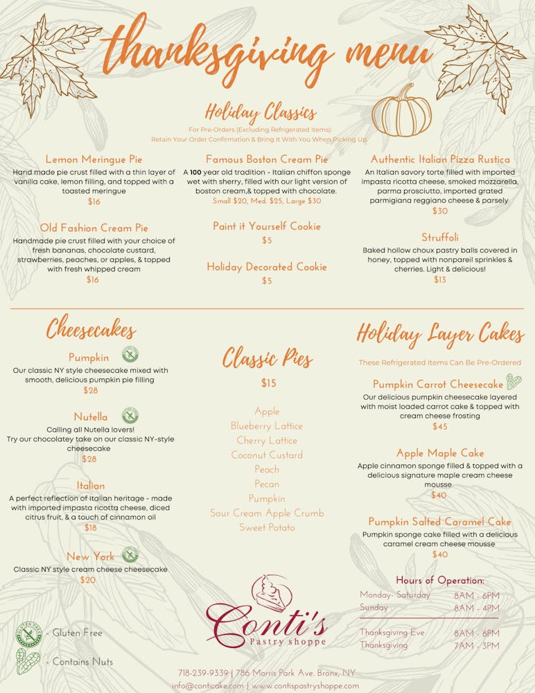 Menus | Contis Pastry Shoppe