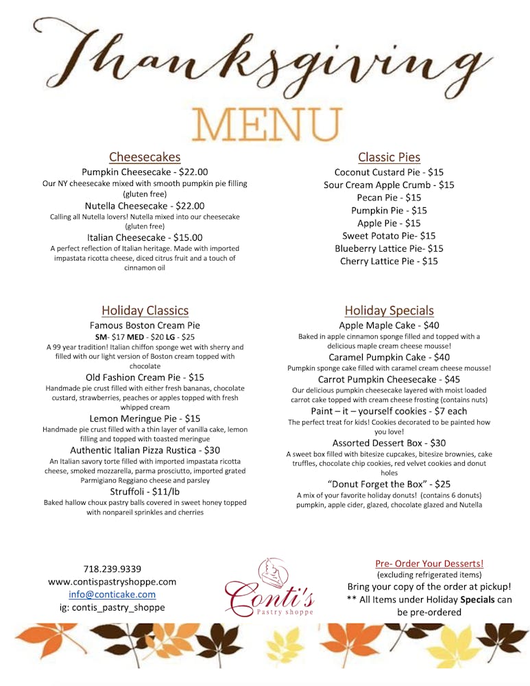 Menus Contis Pastry Shoppe