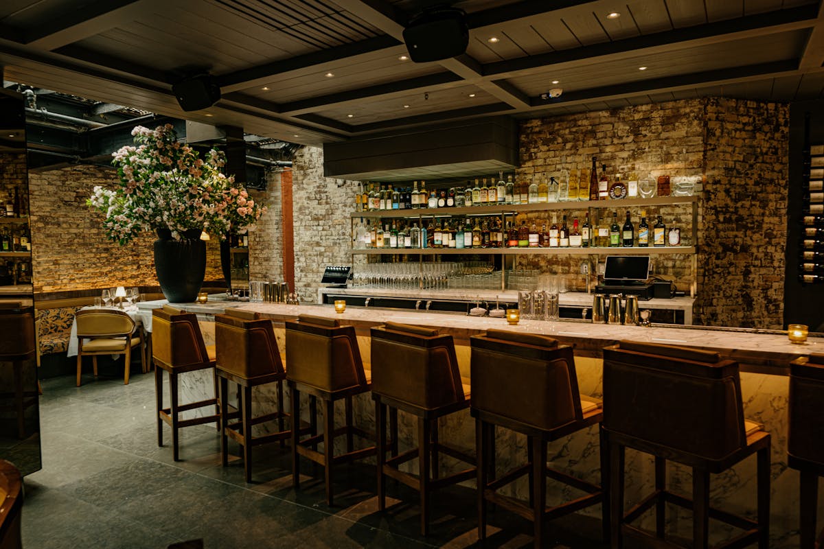 a dining room table in front of a building