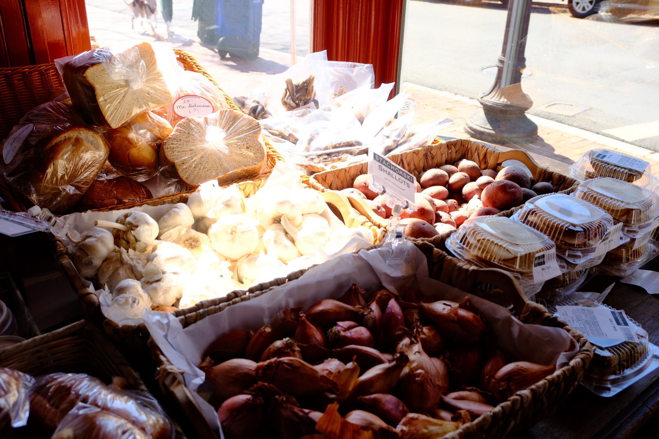 a group of baskets of food