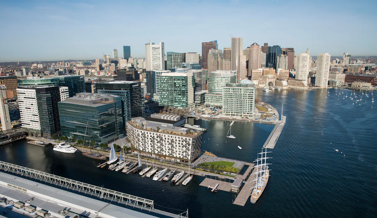 a harbor with a city in the background