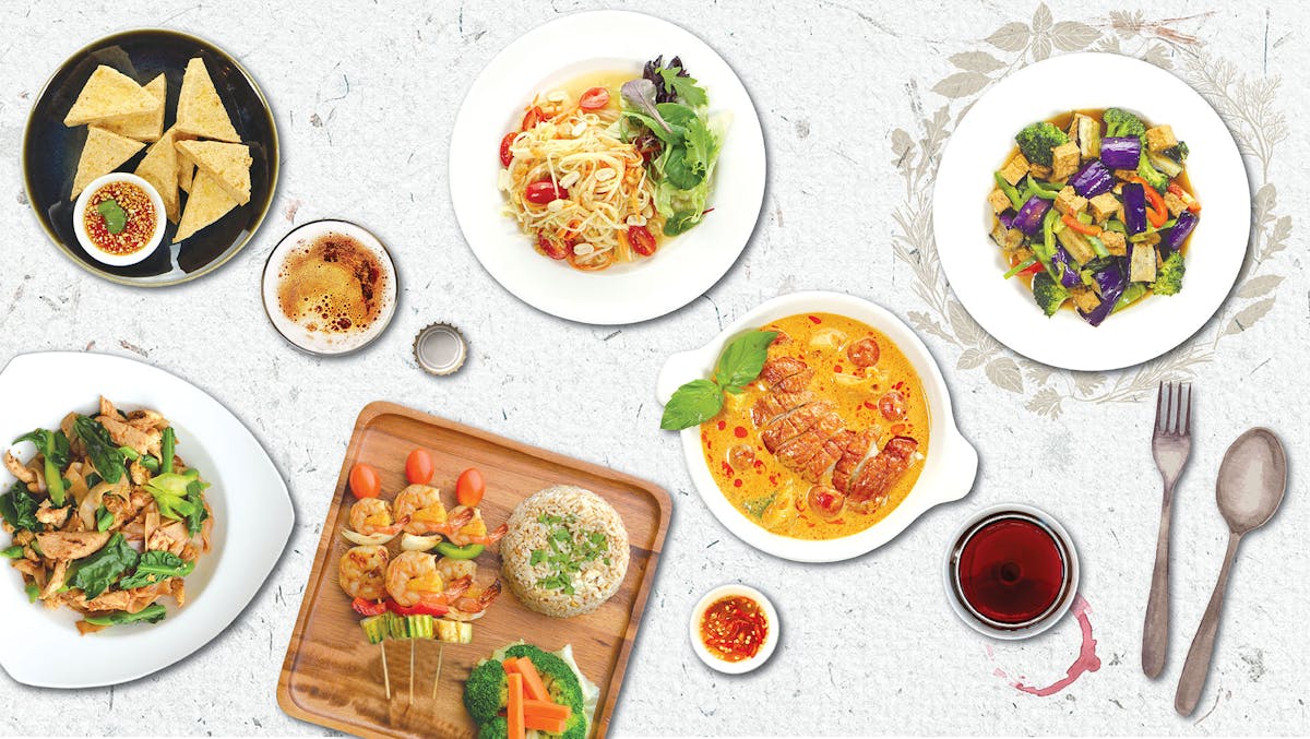 papaya salad, duck curry, grill shrimp