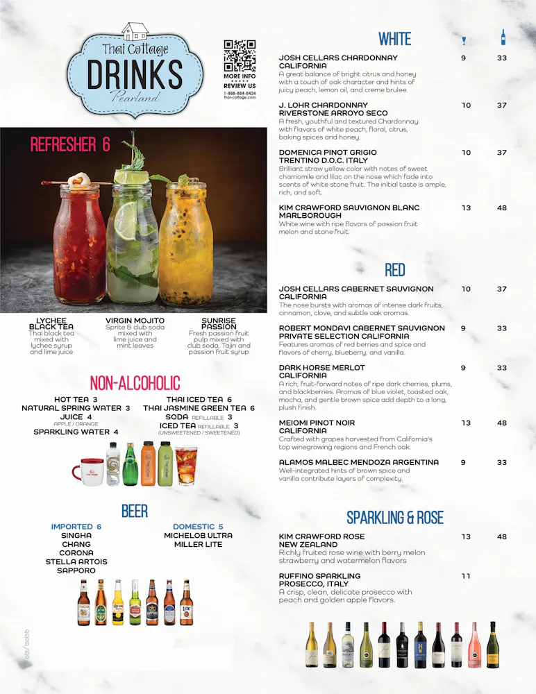 Thai Cottage Pearland drink menu front