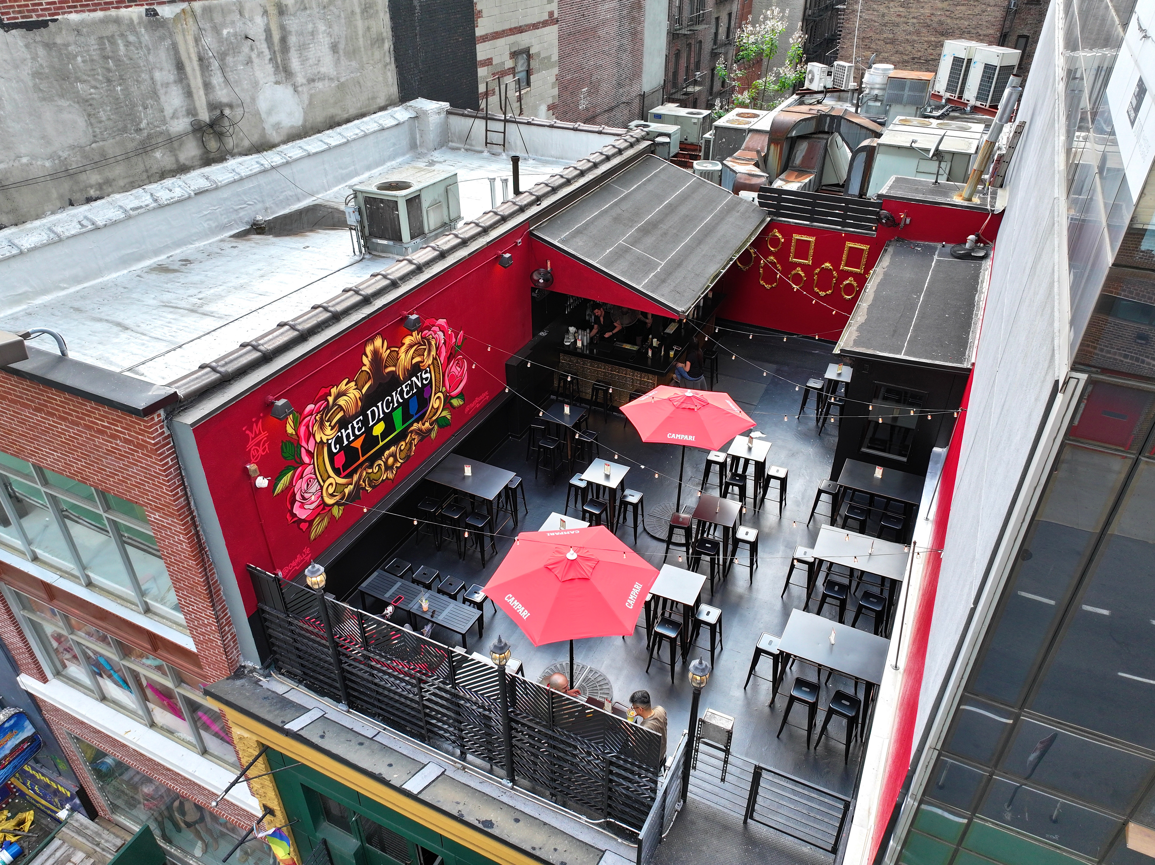 an aerial view of a rooftop bar