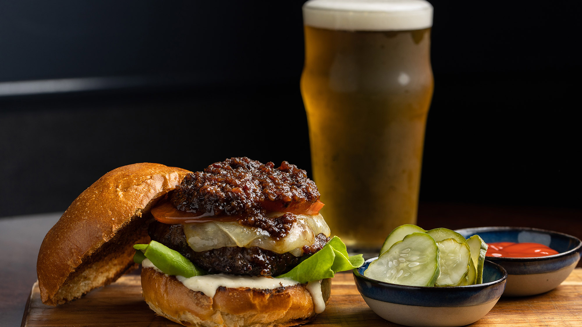 The Independent's prime rib burger with bacon jam on top
