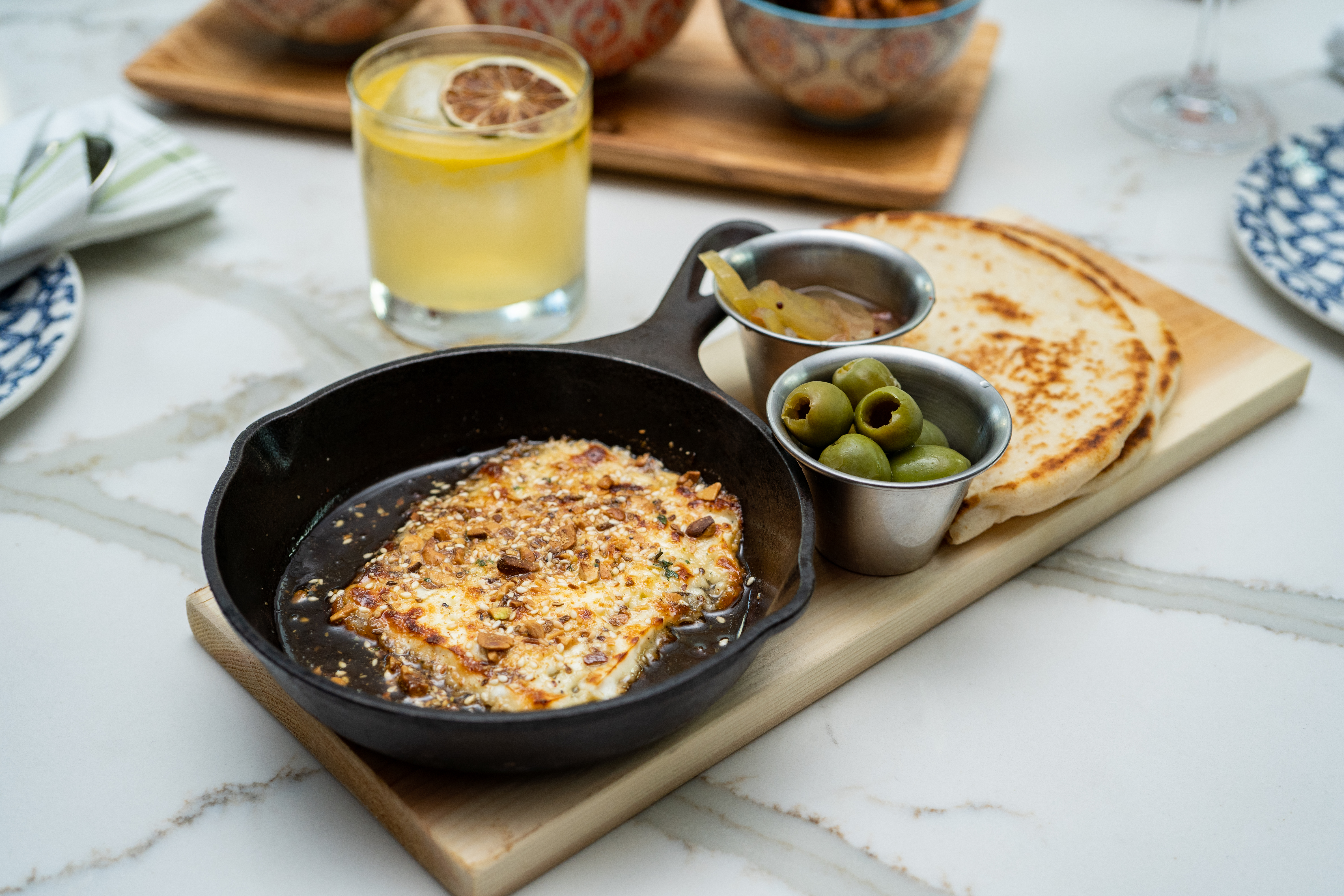 toasted feta cheese at mediterranean restaurant 