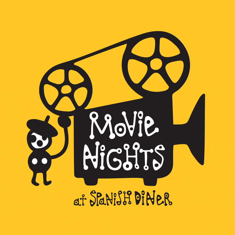 Graphic of movie real and Spanish Diner illustration that says Movie Nights at Spanish Diner