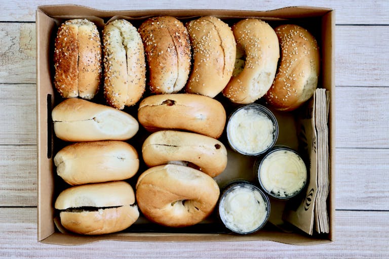 one dozen bagels in a box