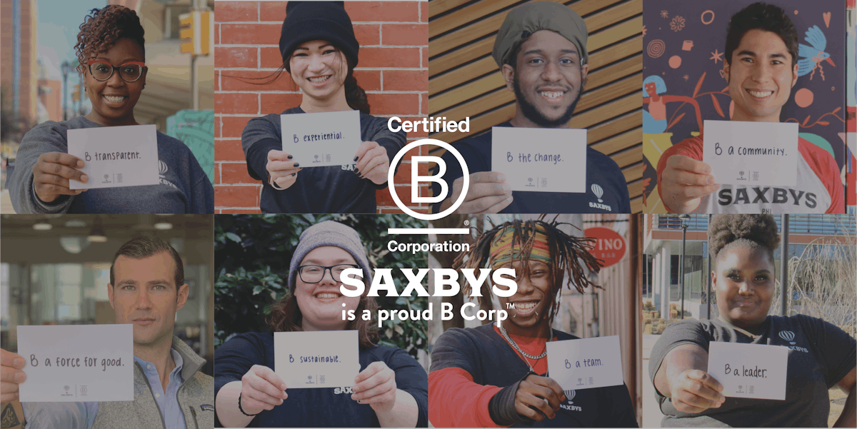 a collage of people smiling with the Certified B Corporation logo