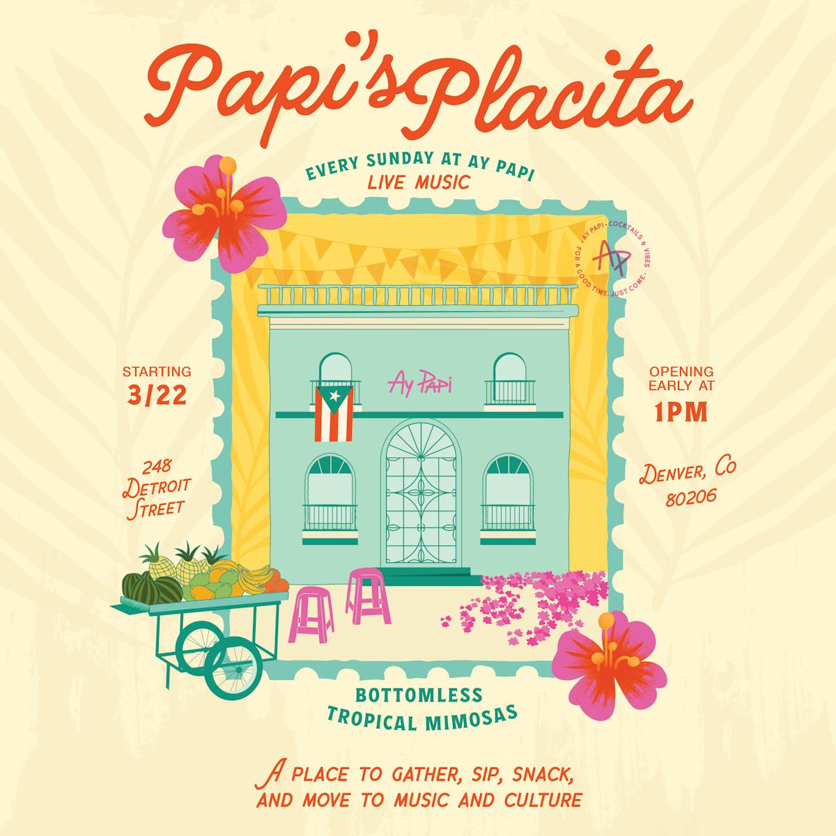 a poster of a building with flowers and plants