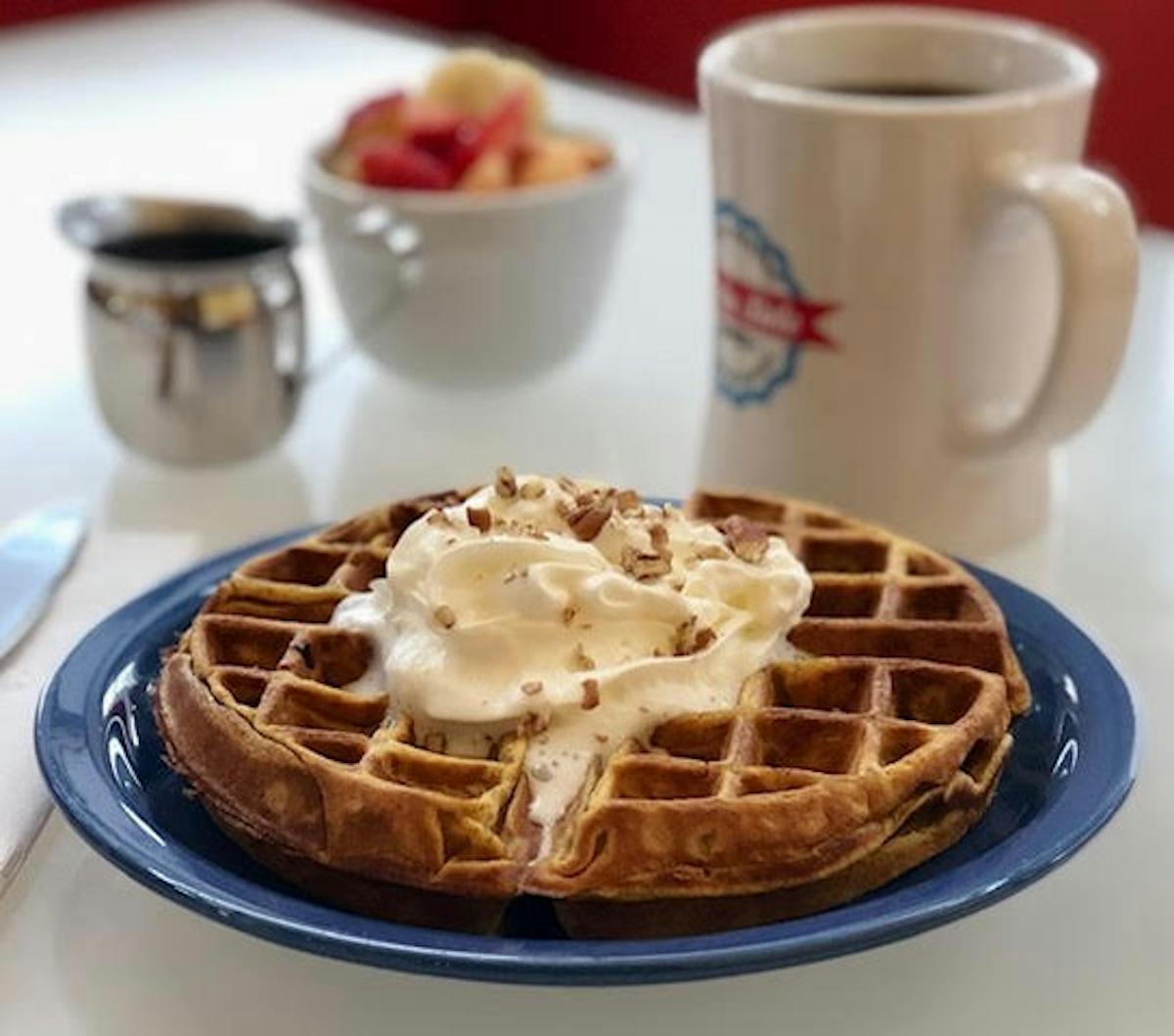 a close up of a plate of food and a cup of coffee