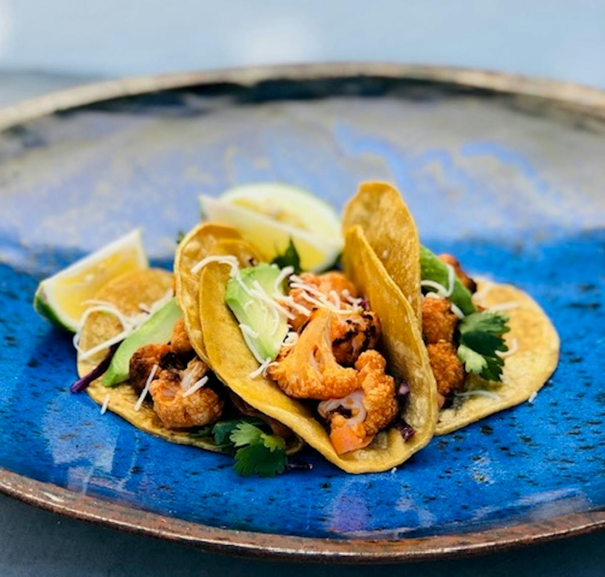 food on a blue plate